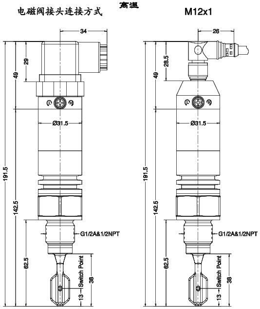 Ring-21緊湊型音叉液位開(kāi)關(guān)尺寸圖（高溫）