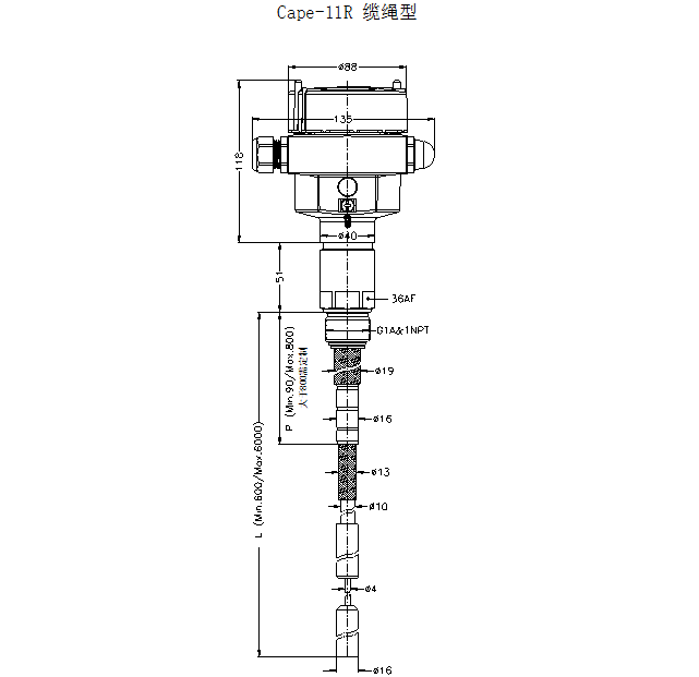 Cape-11R纜繩型射頻導(dǎo)納料位開關(guān)尺寸圖