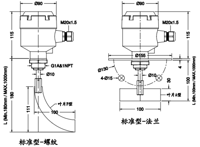 Spin-11A標(biāo)準(zhǔn)型阻旋料位開關(guān)尺寸圖